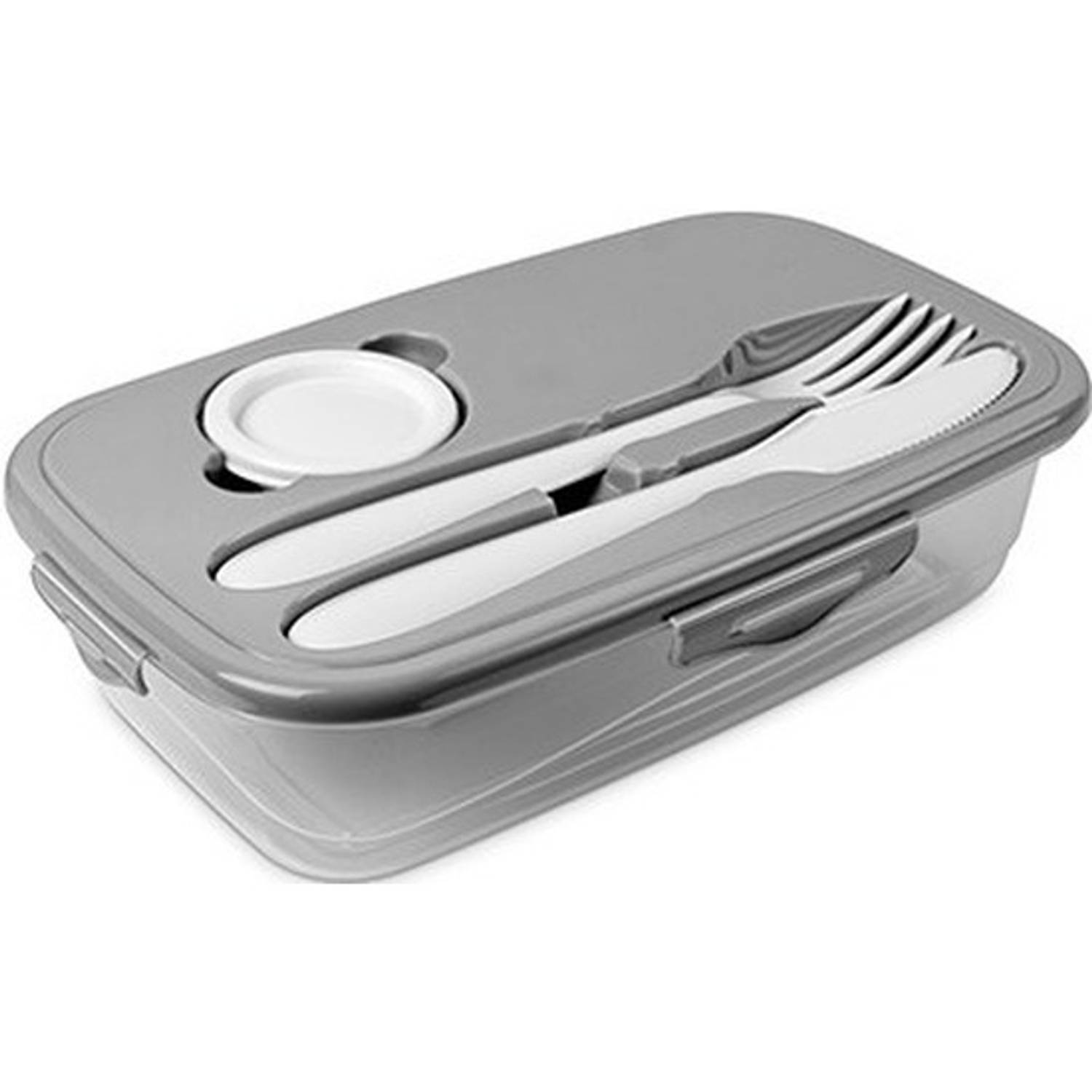 1x Lunchbox grijs met bestek 1 liter plastic Lunchboxen
