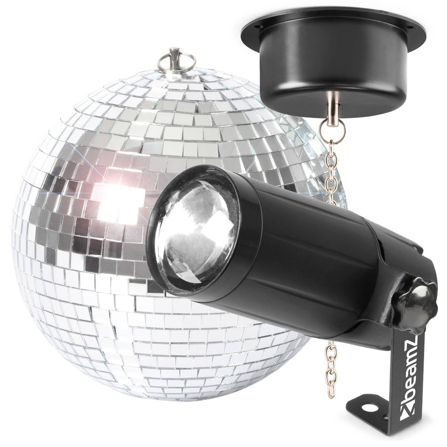 Discobal met verlichting BeamZ discobol 20cm met spiegelbol motor en LED pinspot