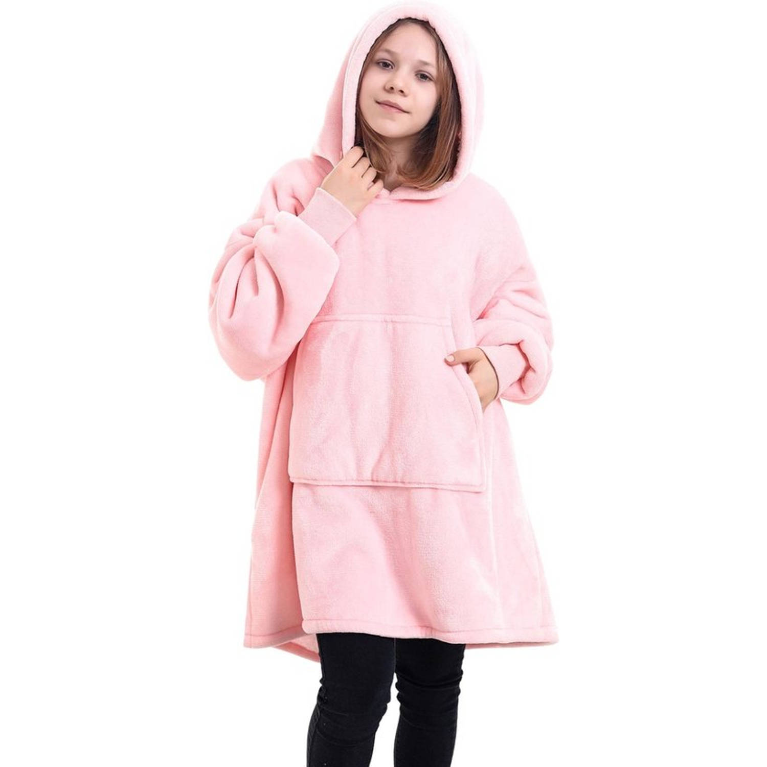 Noony pink hoodie deken kinderen - fleece deken met mouwen - ultrazachte binnenkant - snuggie - one size fits all - oodie kids - energie besparen