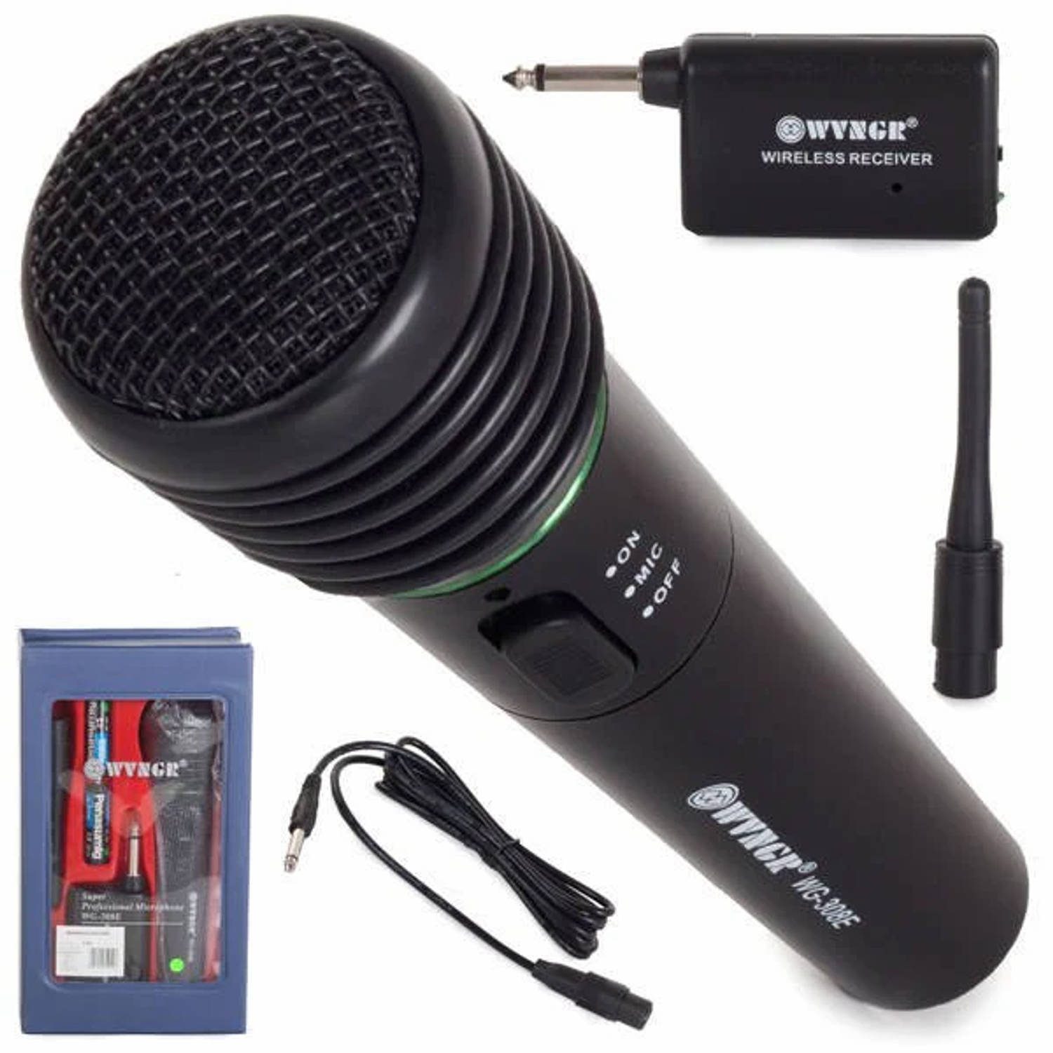 WVNGR Karaoke microfoon op kabel en draadloos inclusief receiver zwart - inclusief batterijen - leuk voor feestjes en partijen - gemakkelijke aansluiting - 30 meter bereik - klein