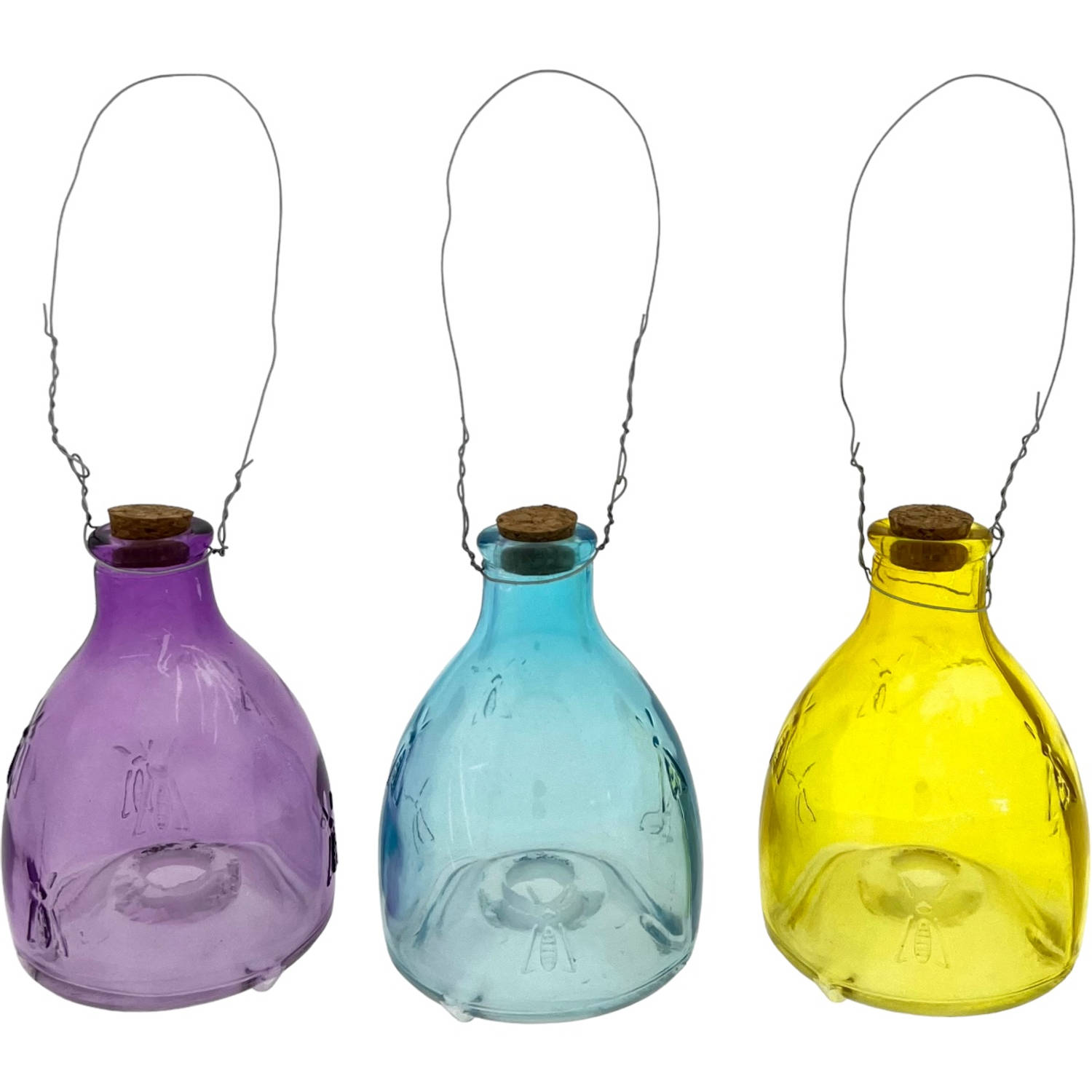 Wespenvanger Glas - 3 Kleuren - paars - blauw - geel - Set van 3 - 9 x 9 x 14 cm
