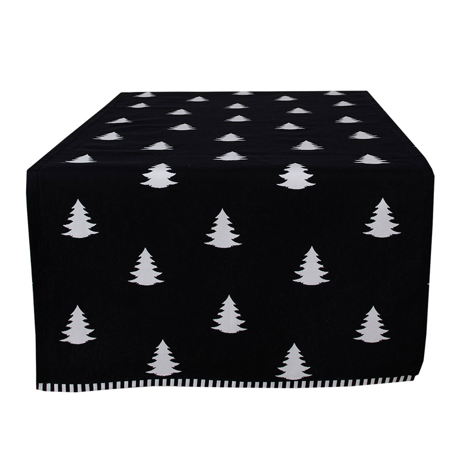 Clayre & Eef Tafelloper Kerst 50x140 cm Zwart Wit Katoen Rechthoek Kerstbomen Tafelkleed Loper Tafel