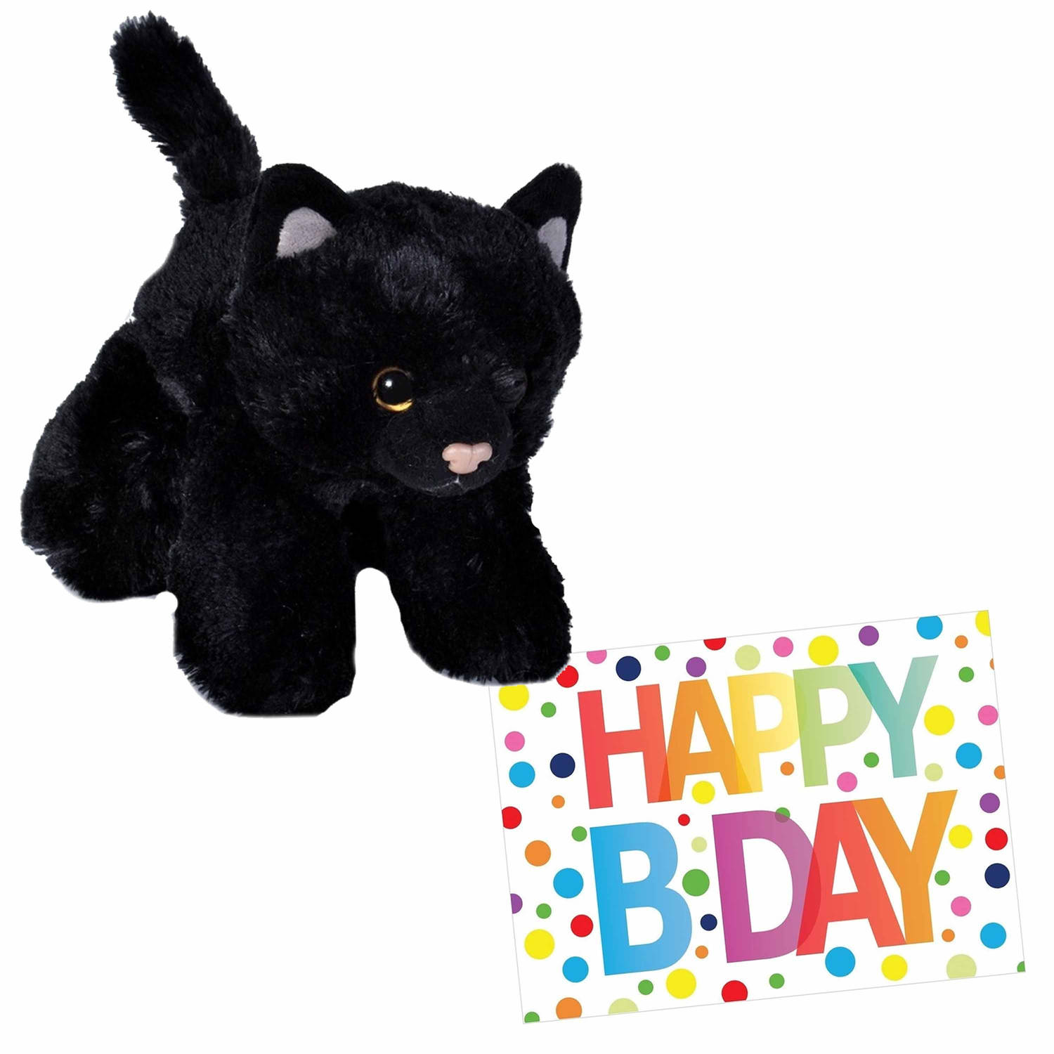 Pluche knuffel kat-poes zwart 18 cm met A5-size Happy Birthday wenskaart Knuffel huisdieren
