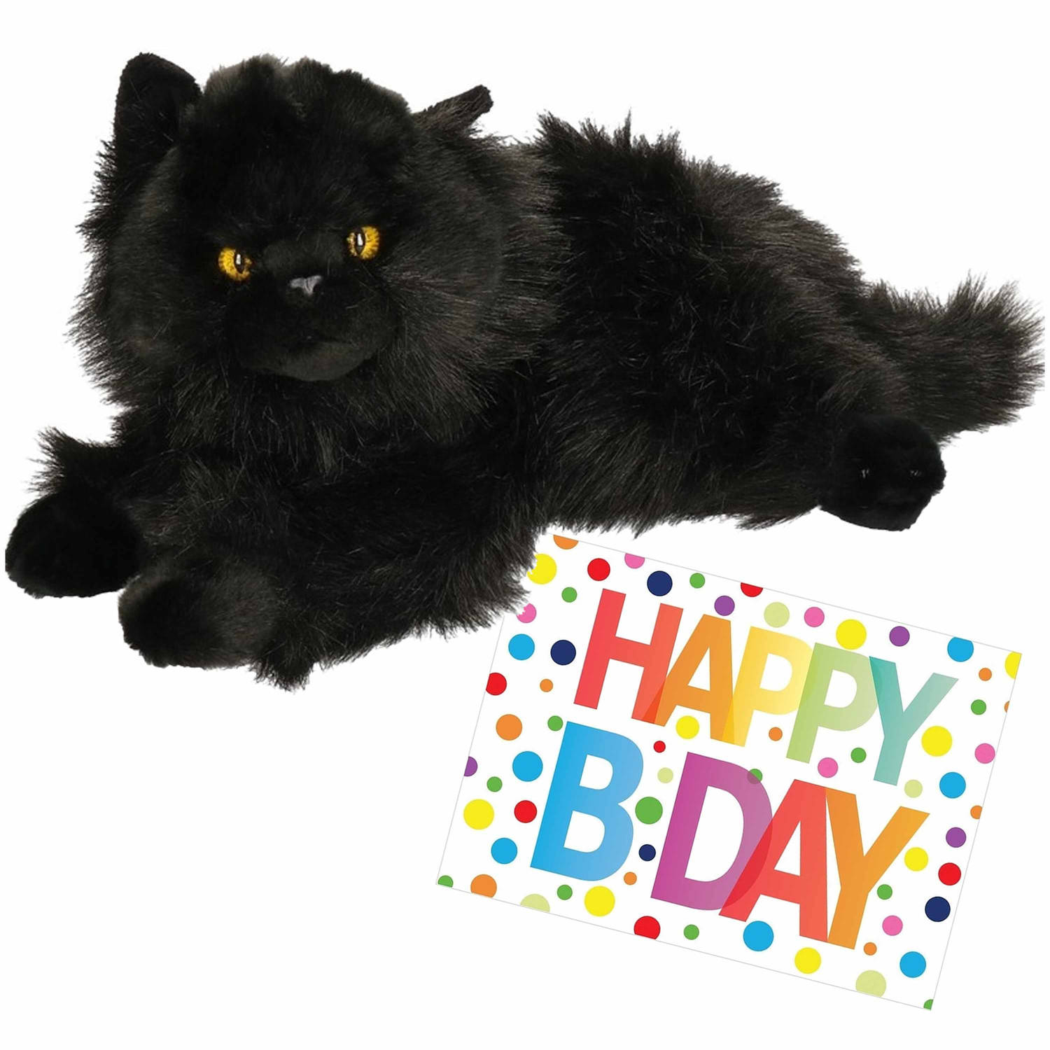 Pluche knuffel kat-poes zwart 30 cm met A5-size Happy Birthday wenskaart Knuffel huisdieren