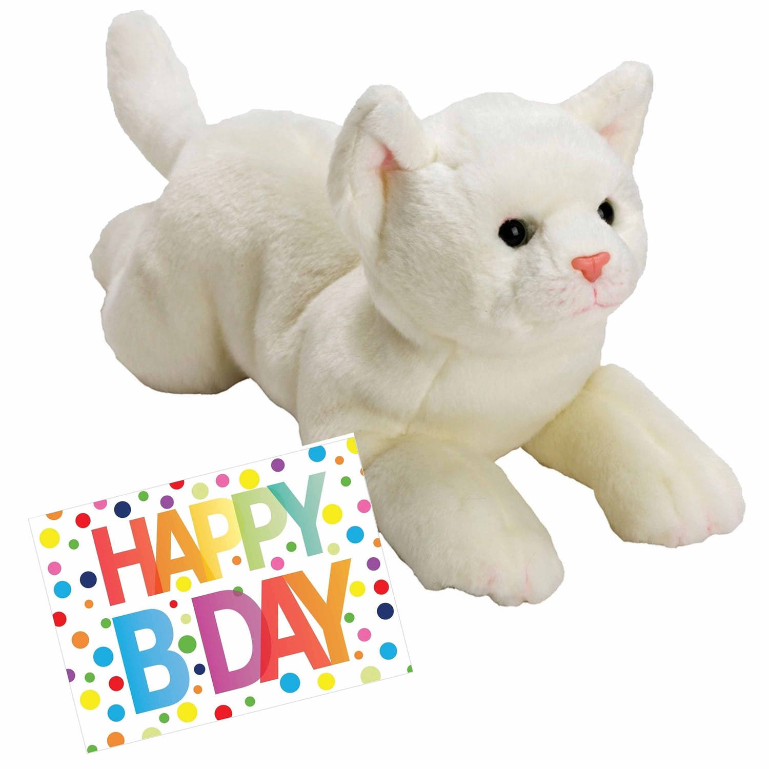 Pluche knuffel witte kat-poes 33 met A5-size Happy Birthday wenskaart Knuffel huisdieren