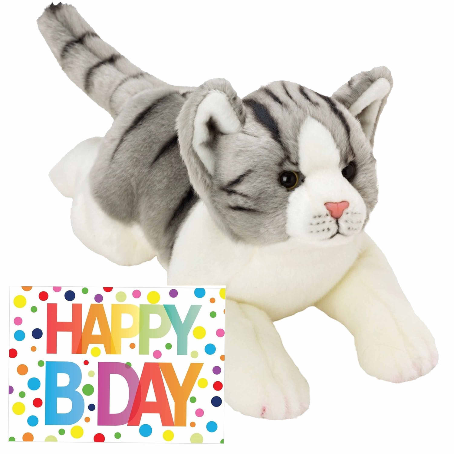 Pluche knuffel grijs-witte kat-poes 33 met A5-size Happy Birthday wenskaart Knuffel huisdieren