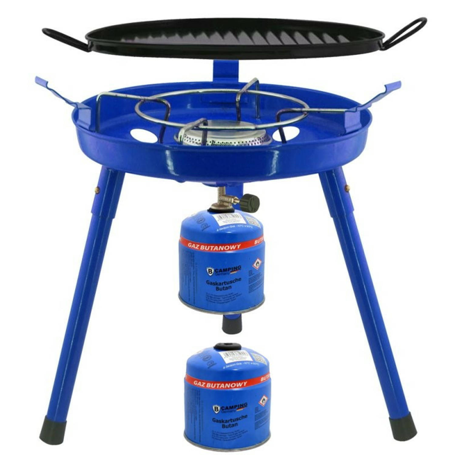 Camping gasgrill-grillplaat 3-in-1 blauw incl. 2x gas navulling schroefventiel 500 gram Kookbranders