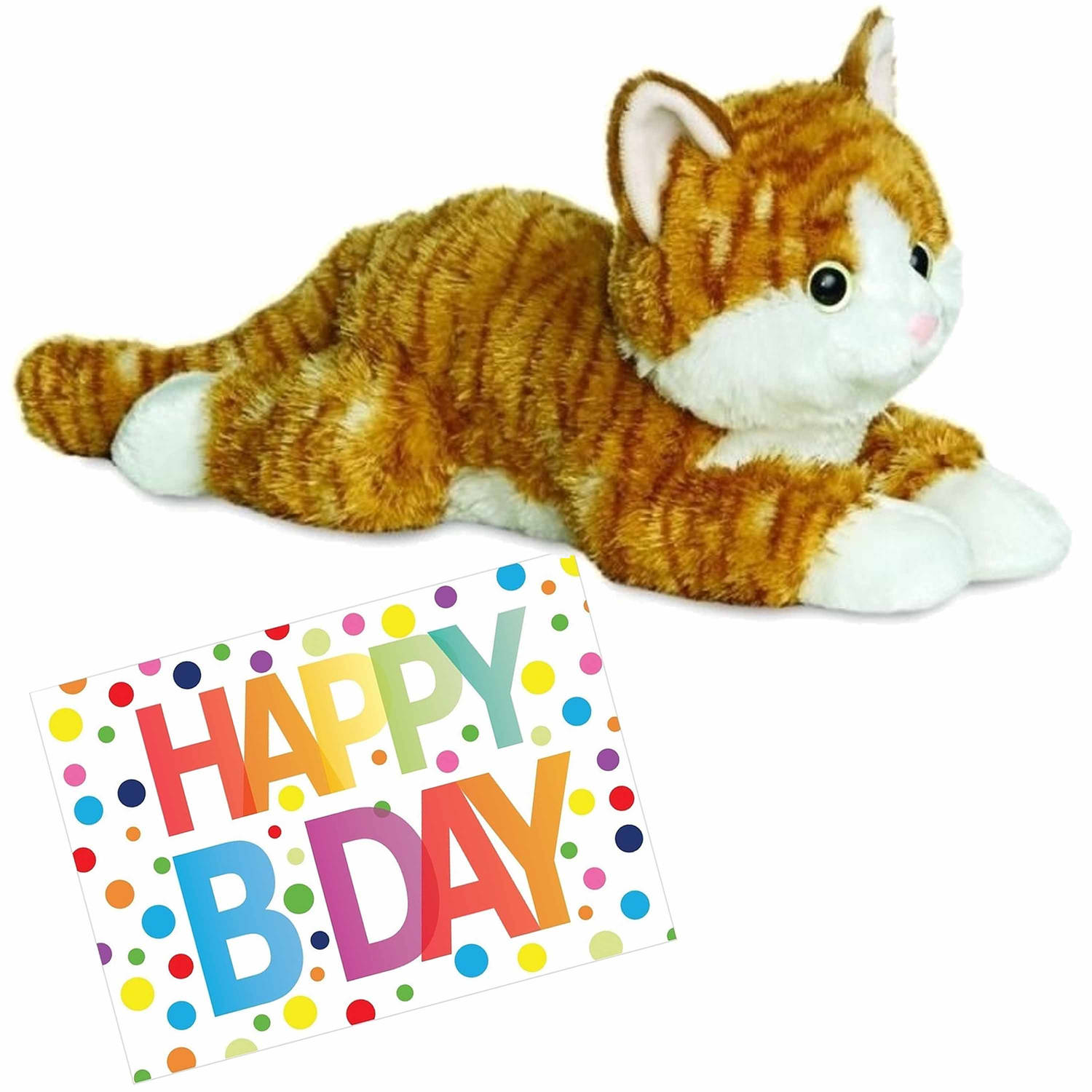 Pluche knuffel kat-poes rood 30 cm met A5-size Happy Birthday wenskaart Knuffel huisdieren