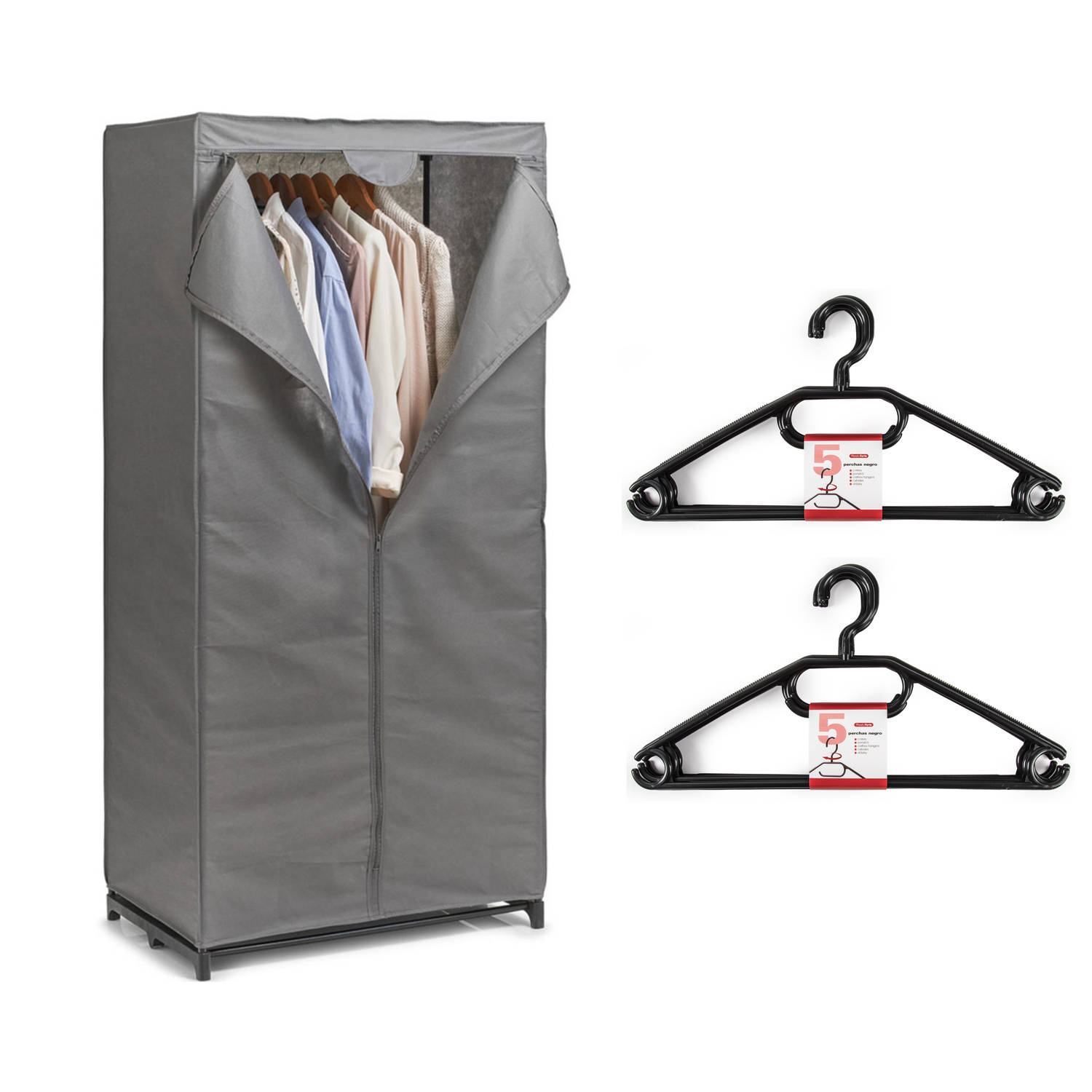 Mobiele kledingkast met kleding hangers - enkele stang - kunststof - grijs - 50 x 160 x 75 cm - Campingkledingkasten