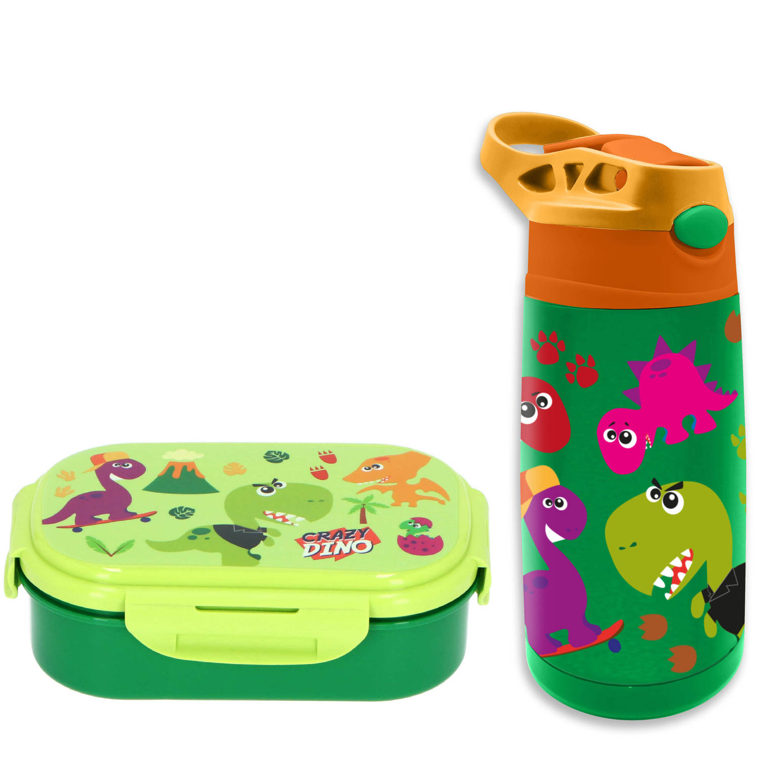 Crazy Dino lunchbox set voor kinderen - 2-delig - groen - rvs/kunststof - Lunchboxen