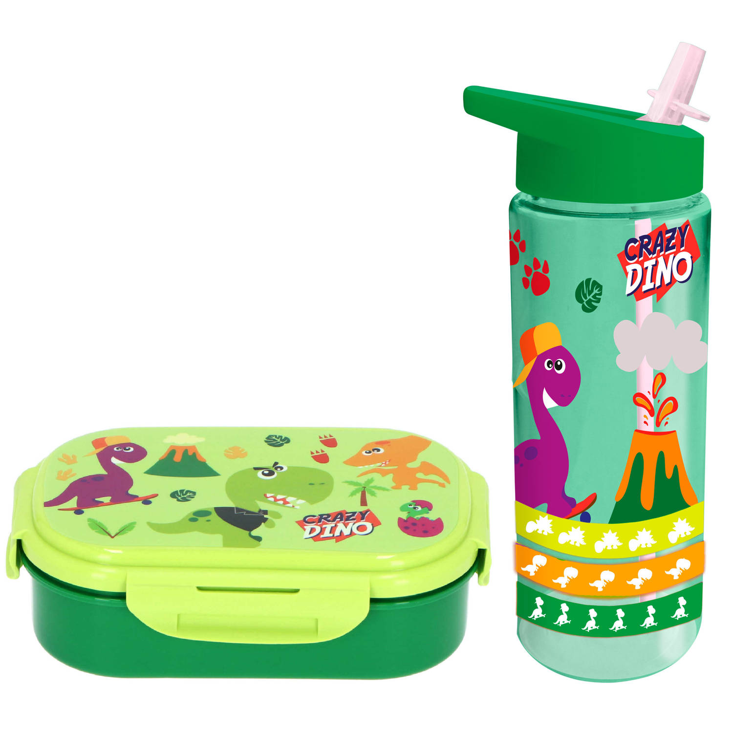 Crazy Dino lunchbox set voor kinderen - 2-delig - groen - kunststof - Lunchboxen