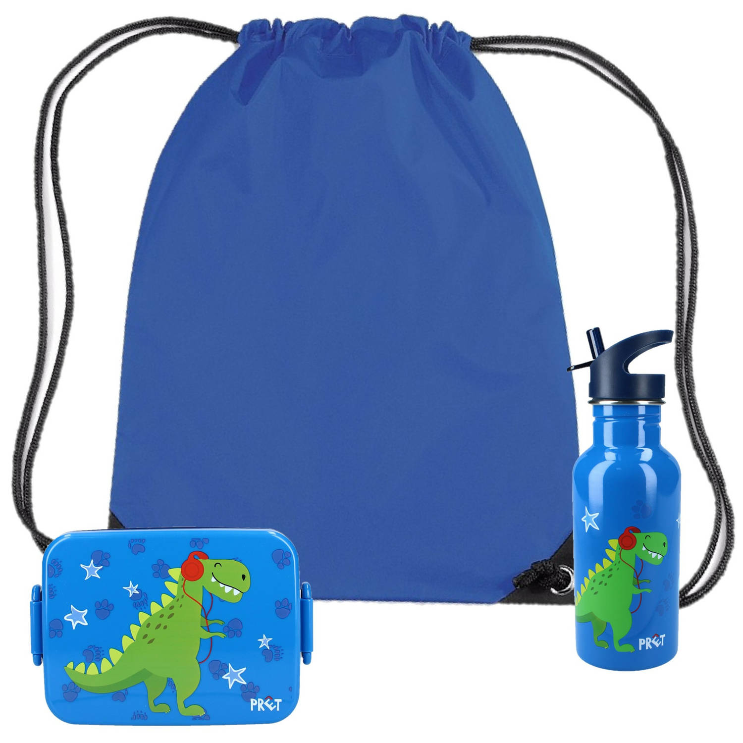 Pret Dino lunchbox set voor kinderen - 3-delig - blauw - kunststof/rvs - incl. gymtas/schooltas - Lunchboxen