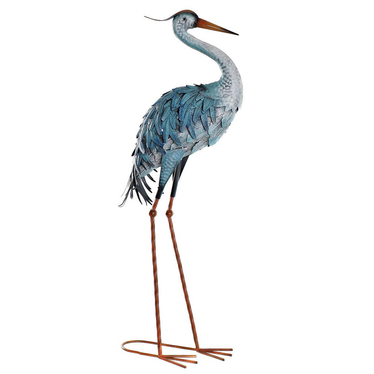 Items Tuin decoratie dieren/vogel beeld - Metaal - Reiger staand - 33 x 85 cm - buiten - blauw - Tuinbeelden