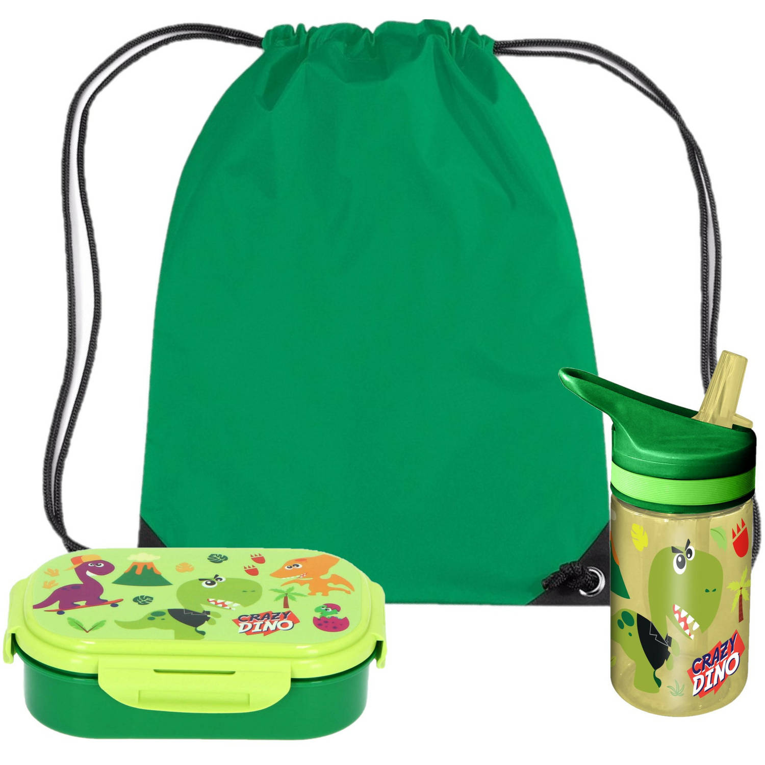 Crazy Dino lunchbox set voor kinderen - 3-delig - groen - kunststof - incl. gymtas/schooltas - Lunchboxen
