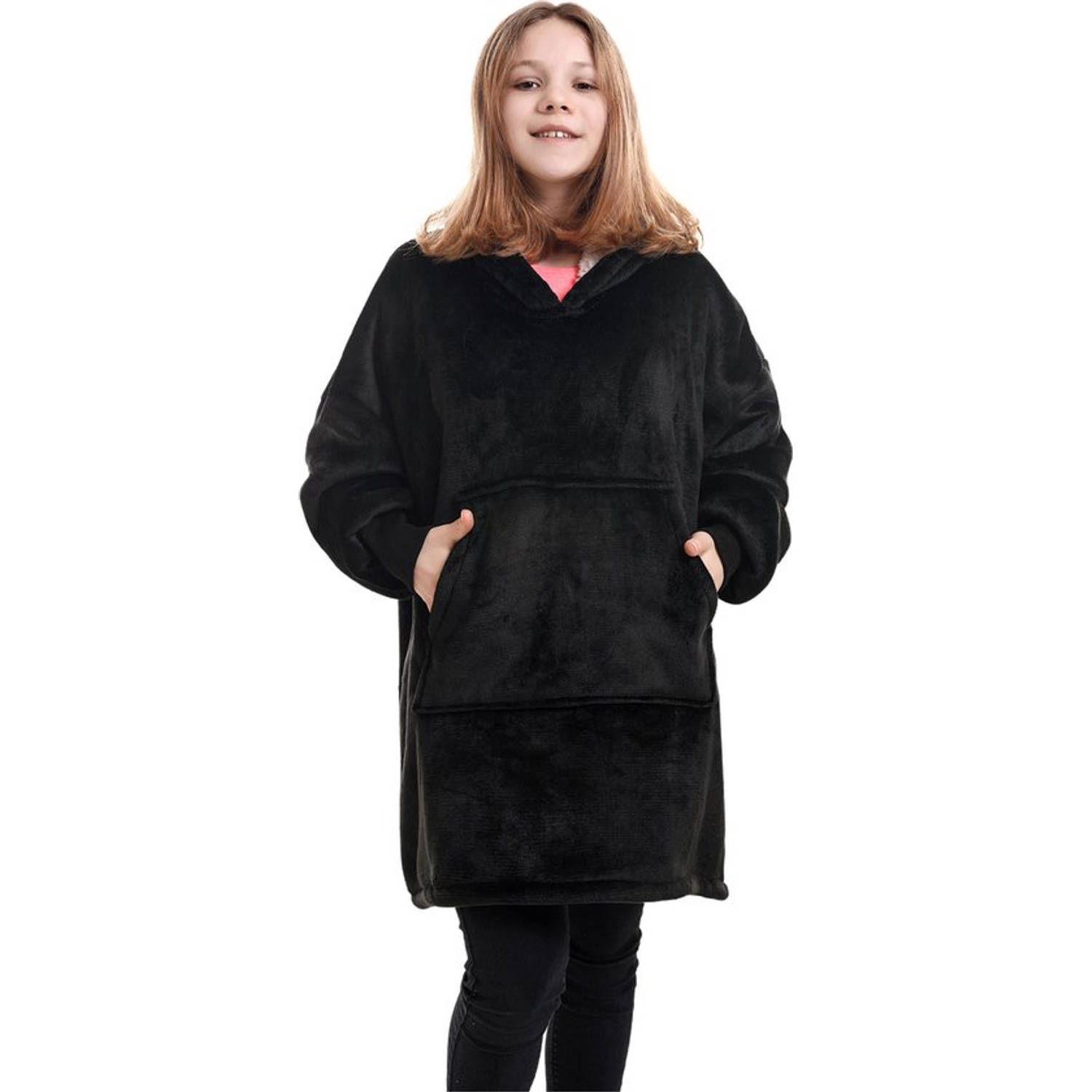 Noony black hoodie deken kinderen - fleece deken met mouwen - ultrazachte binnenkant - snuggie - one size fits all - oodie kids - energie besparen
