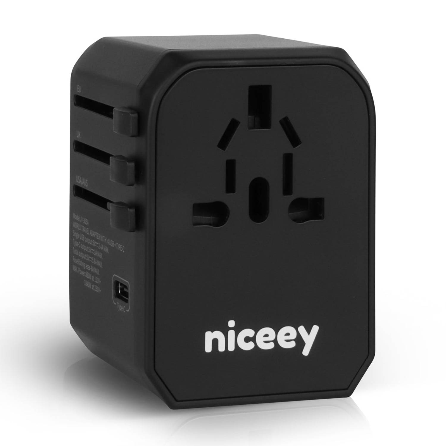 Niceey Universele Wereldstekker - Internationale Reisstekker - 2000W - 4x USB-A & 1x USB-C - Zwart