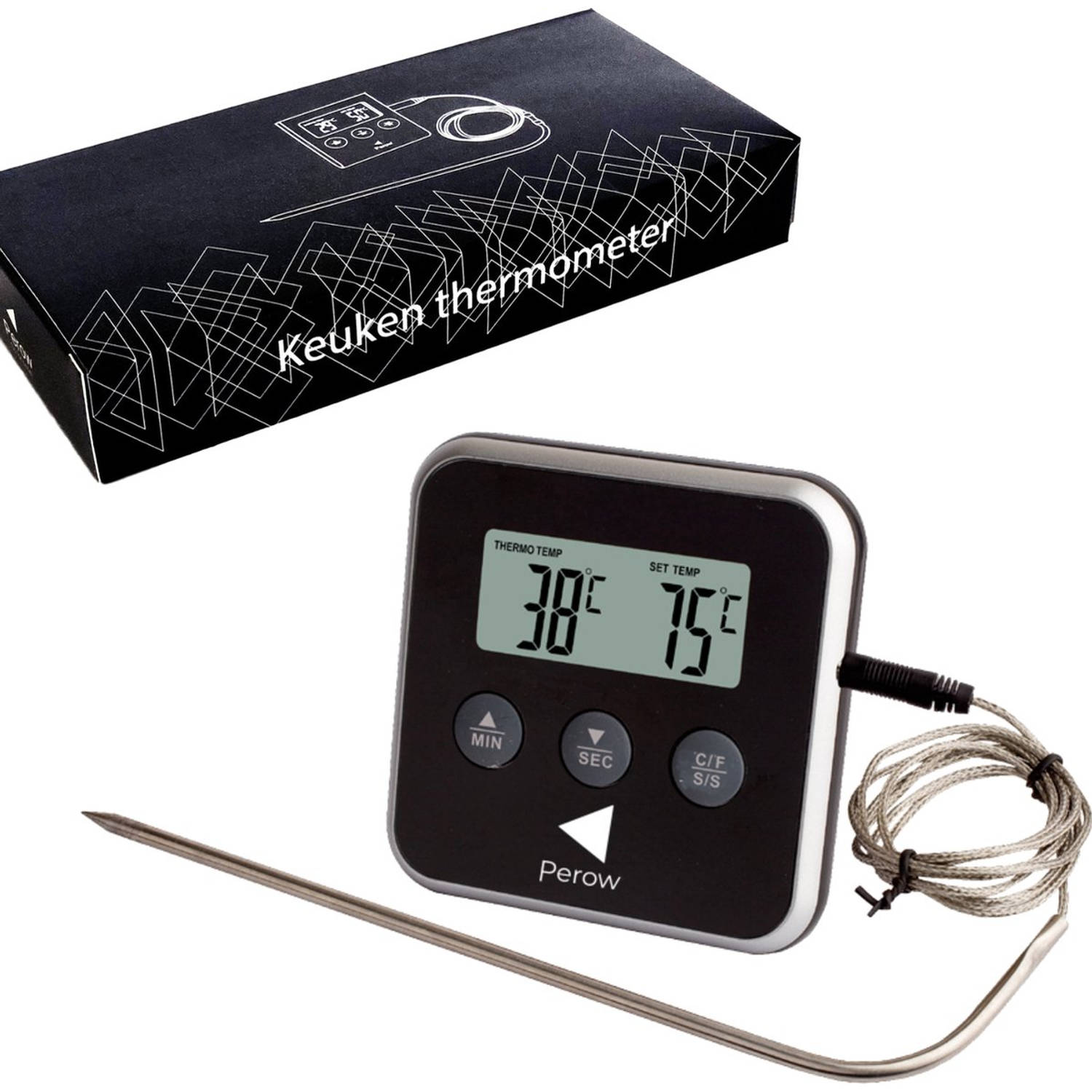 Perow BBQ Thermometer en Wekker Zwart Suikerthermometer Voedselthermometer