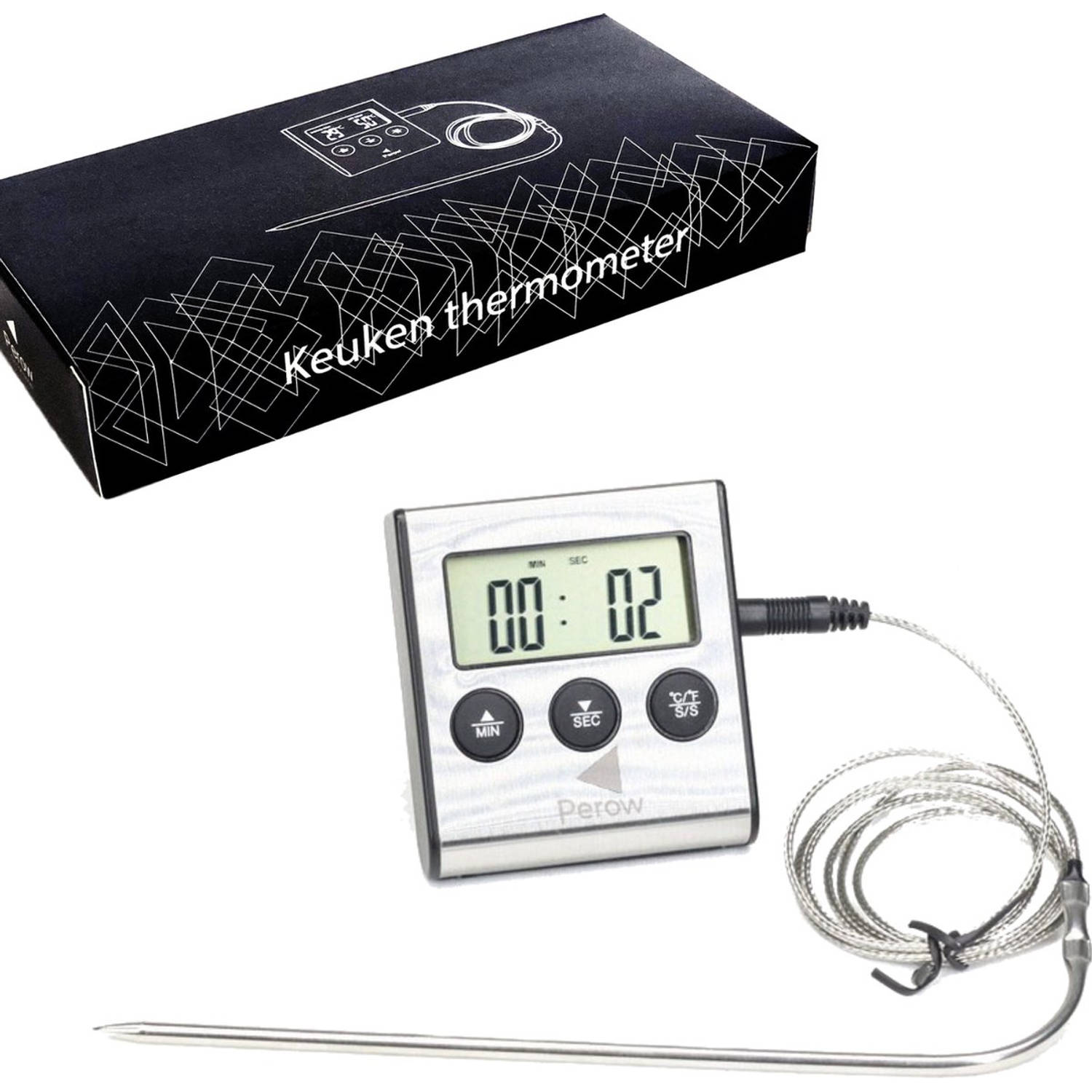 Perow - BBQ Thermometer en Wekker - RVS - Zilver - Suikerthermometer - Voedselthermometer