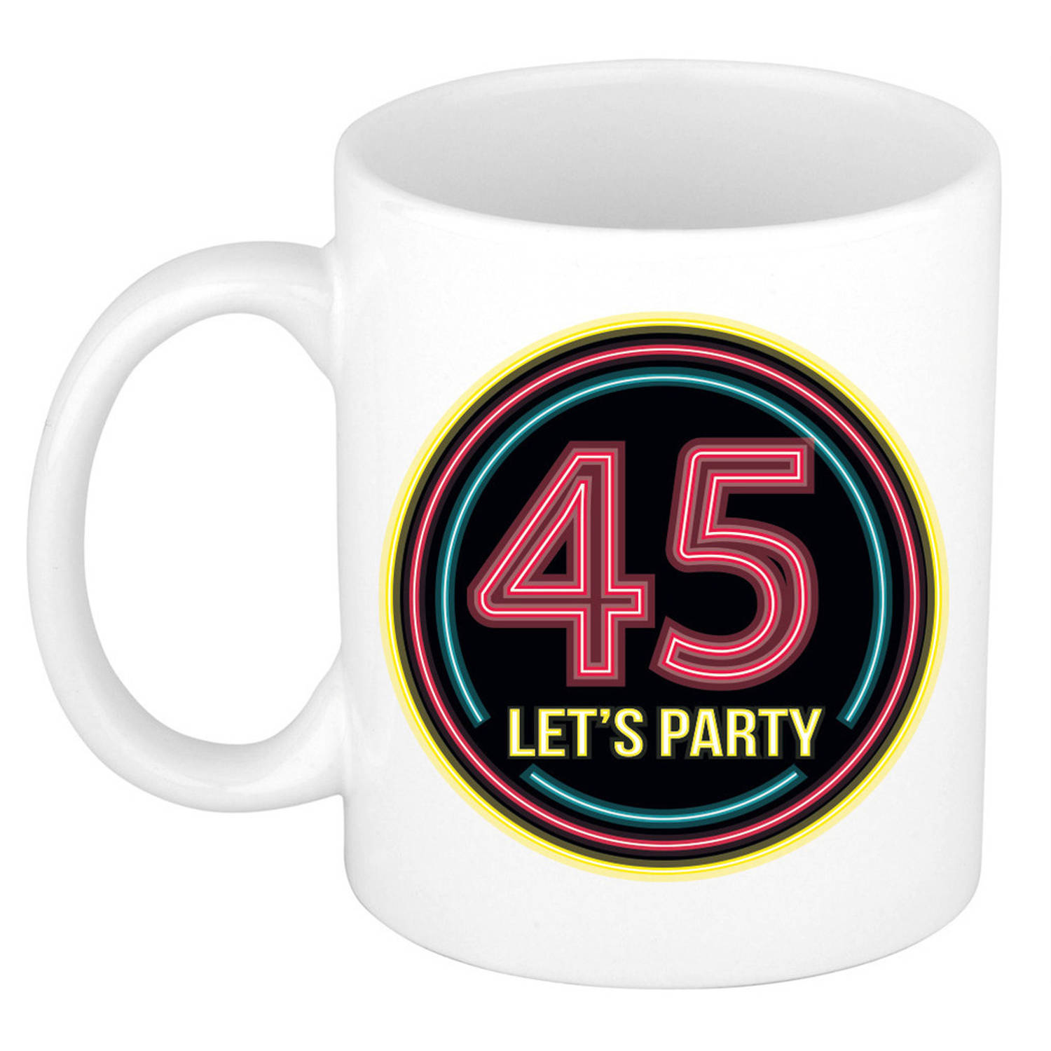 Verjaardag mok-beker Lets party 45 jaar neon 300 ml verjaardagscadeau feest mokken