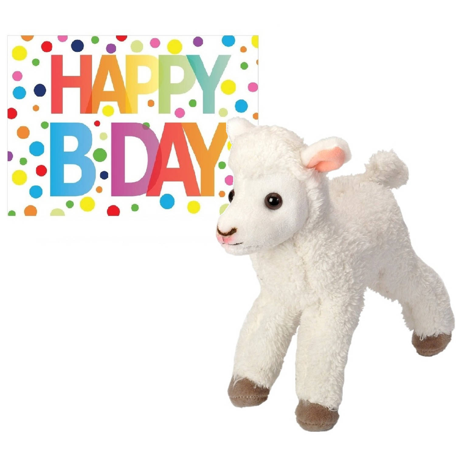 Pluche knuffel lammetje-schaap 20 cm met A5-size Happy Birthday wenskaart Knuffel boederijdieren