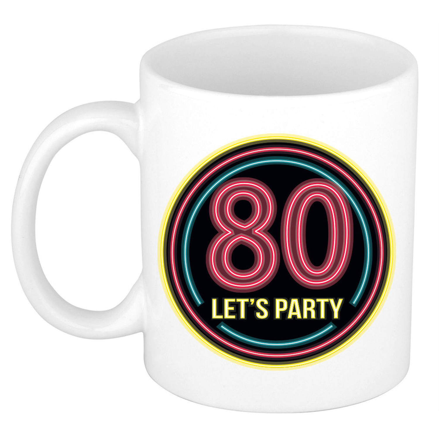 Verjaardag mok-beker Lets party 80 jaar neon 300 ml verjaardagscadeau feest mokken