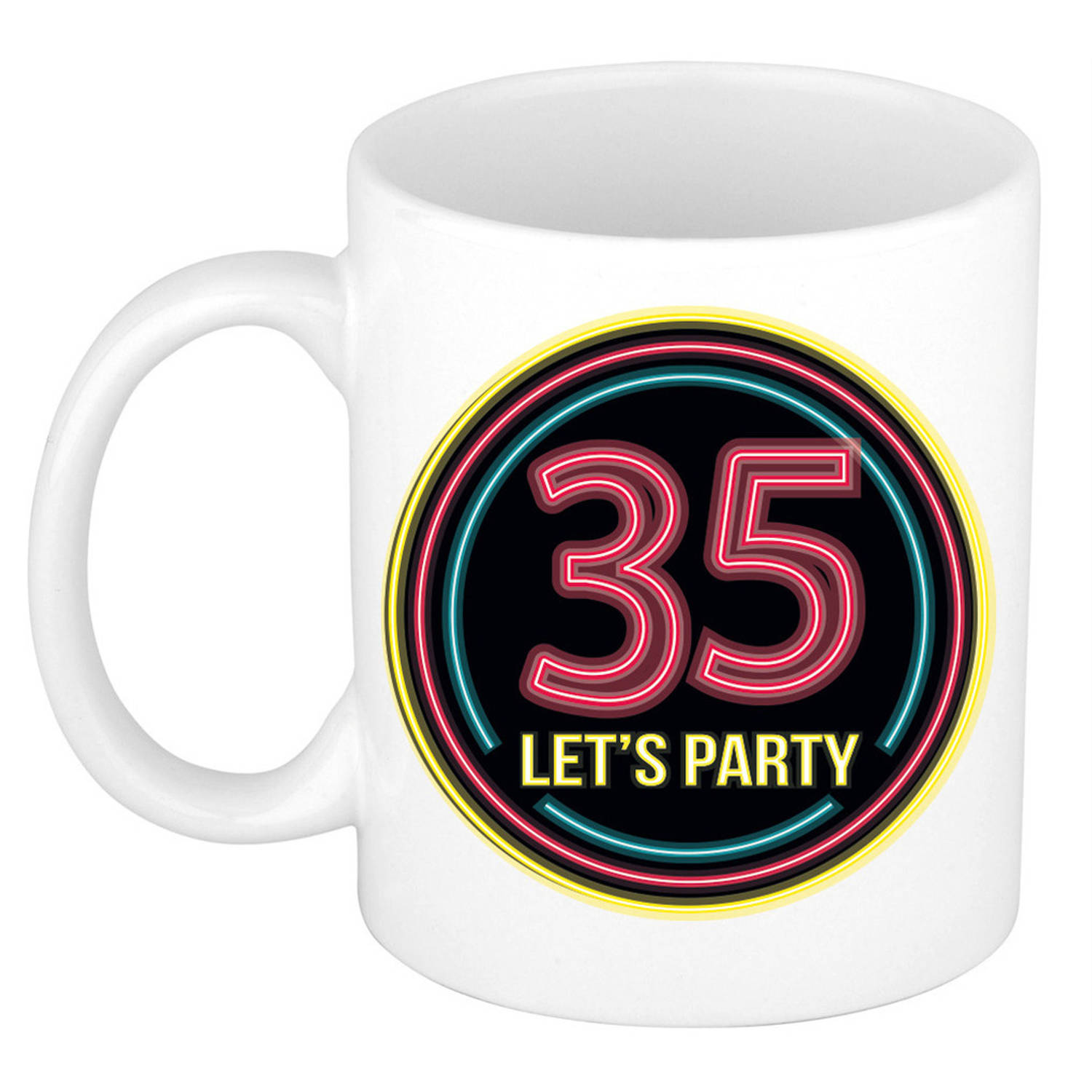 Verjaardag mok-beker Lets party 35 jaar neon 300 ml verjaardagscadeau feest mokken