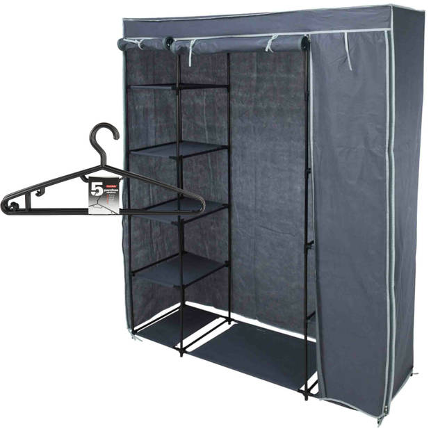 Mobiele kledingkast incl 10x kledinghangers - opvouwbaar - grijs - 167 x 141 cm cm - Campingkledingkasten