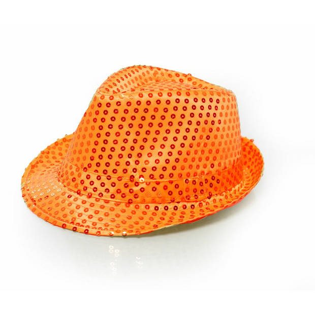 Trilby verkleed hoed met pailletten - oranje - glitters - volwassenen - Koningsdag - Verkleedhoofddeksels