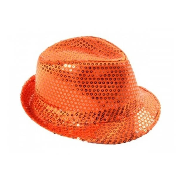 Trilby verkleed hoed met pailletten - oranje - glitters - volwassenen - Koningsdag - Verkleedhoofddeksels