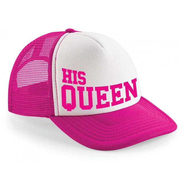 Bellatio Decorations snapback/cap voor dames - His Queen - roze/wit - koningin - vrijgezellenfeest - Verkleedhoofddeksel