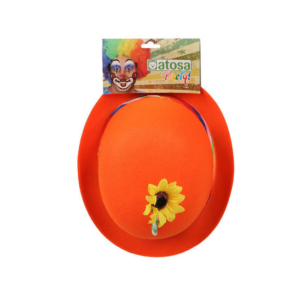 Verkleed bolhoed/clownshoedje voor volwassenen oranje met bloem - Verkleedhoofddeksels