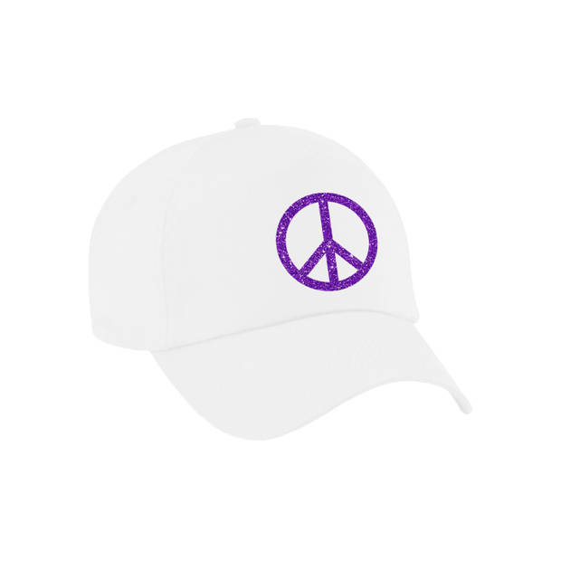 Paars glitter peace teken verkleed pet/cap wit volwassenen - Verkleedhoofddeksels