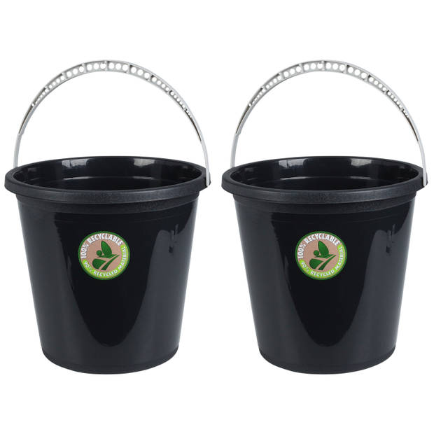 2x Stuks huishoud emmers - 10L - gerecycled kunststof - Zwart - Emmers