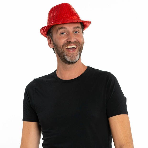 Carnaval verkleed set hoed stropdas en bril rood glitters - Verkleedhoofddeksels