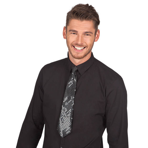 Verkleed stropdas met pailletten zwart 40 cm - Verkleedstropdassen