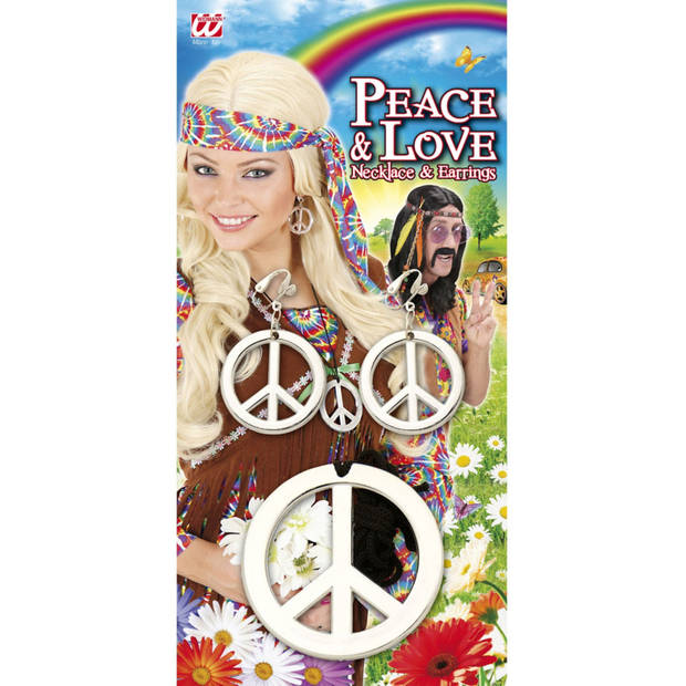 Hippie Flower Power Sixties sieraden set ketting met oorbellen peace tekens - Verkleedsieraden