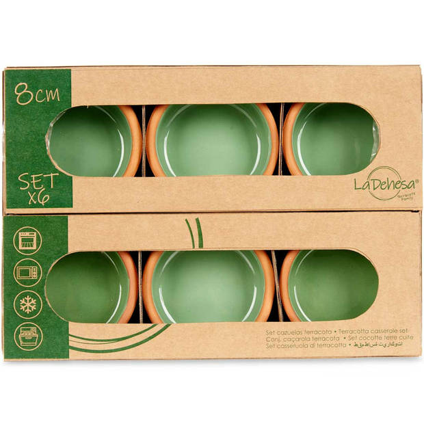 Set 6x tapas/creme brulee serveer schaaltjes terracotta/groen 8x4 cm - Snack en tapasschalen