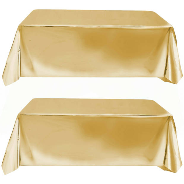 Set van 2x tafelkleed/tafellaken polyester folie metallic goud 140 x 275 cm - Tafellakens