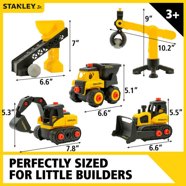 Stanley Constructiespeelgoed Set 57-Delig - Bulldozer, Kiepwagen en Graafmachine - Incl. Hijskraan en Schroevendraaier
