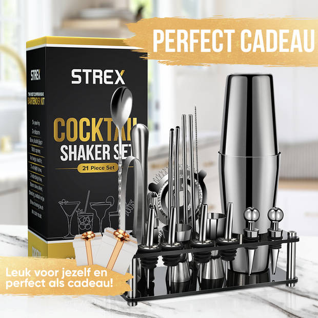 Strex Cocktail Set Zilver RVS 21 Delig (750ml) - Incl. NL Receptenboek - Cocktail Shaker - Cadeauverpakking
