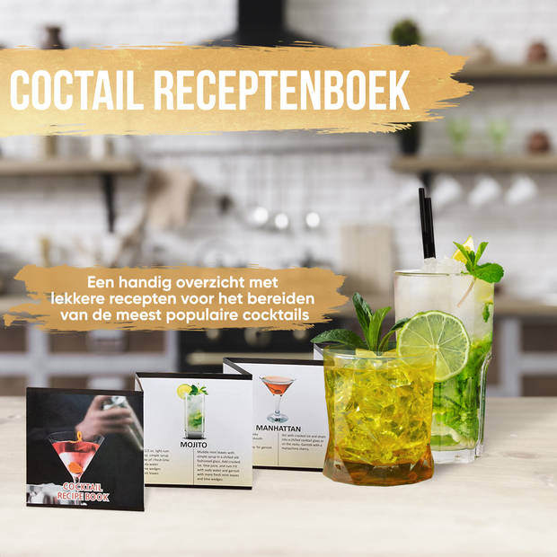 Strex Cocktail Set Zwart RVS 21 Delig (750ml) - Incl. NL Receptenboek - Cocktail Shaker - Cadeauverpakking