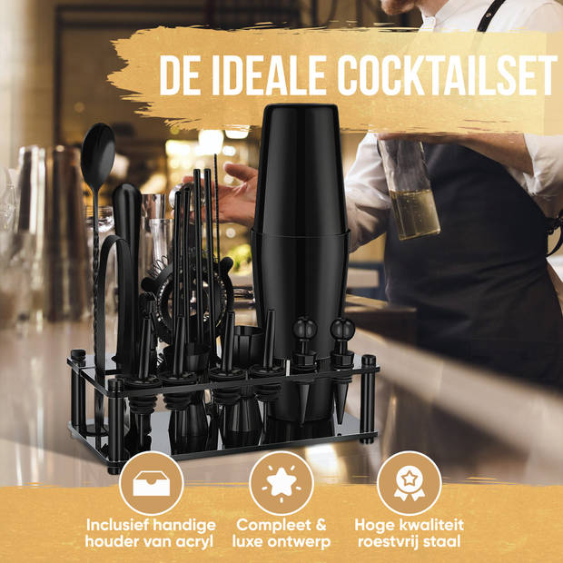 Strex Cocktail Set Zwart RVS 21 Delig (750ml) - Incl. NL Receptenboek - Cocktail Shaker - Cadeauverpakking