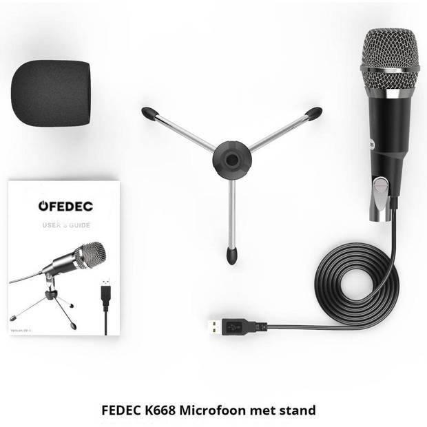FEDEC USB Professionele Microfoon - Condensator - Met 3 poot standaard - Geschikt voor PC & Consoles - Zwart