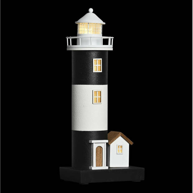 Items Decoratie Maritiem beeldje Vuurtoren met LED lampje - Hout - 15 x 37 cm - wit/zwart - Beeldjes