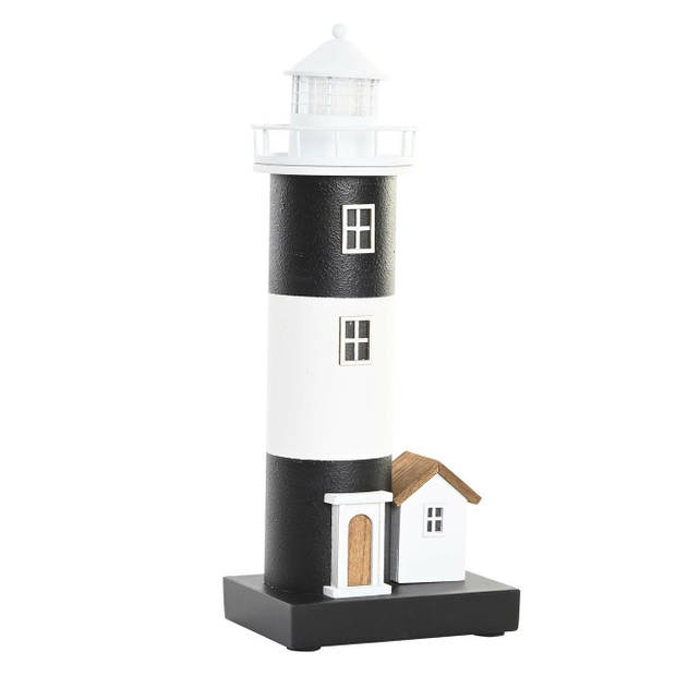 Items Decoratie Maritiem beeldje Vuurtoren met LED lampje - Hout - 15 x 37 cm - wit/zwart - Beeldjes