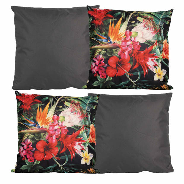 Bank/tuin kussens set - voor binnen/buiten - 4x stuks - antraciet/tropical print - 45 x 45 cm - Sierkussens