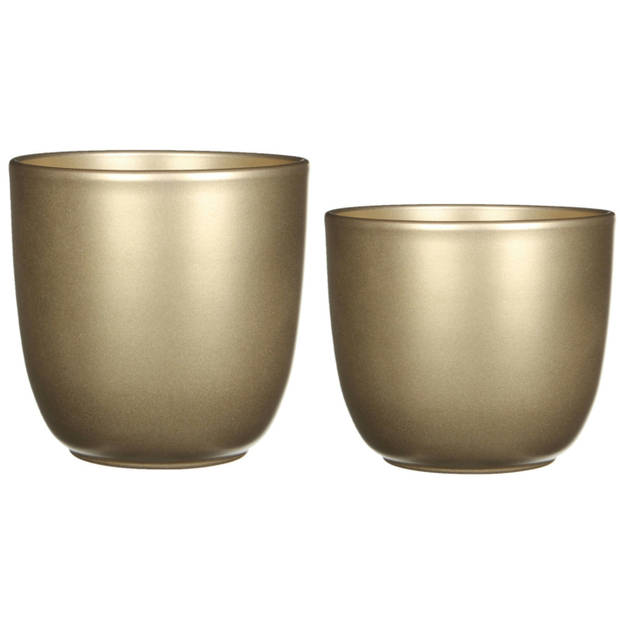 Plantenpot/bloempotten set - 2x stuks - keramiek - goud - D17 en D19 cm - Plantenpotten