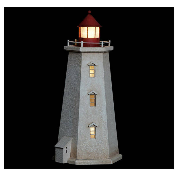 Items Decoratie Maritiem beeldje Vuurtoren met LED lampje - Hout - 23 x 49 cm - wit/rood - Beeldjes