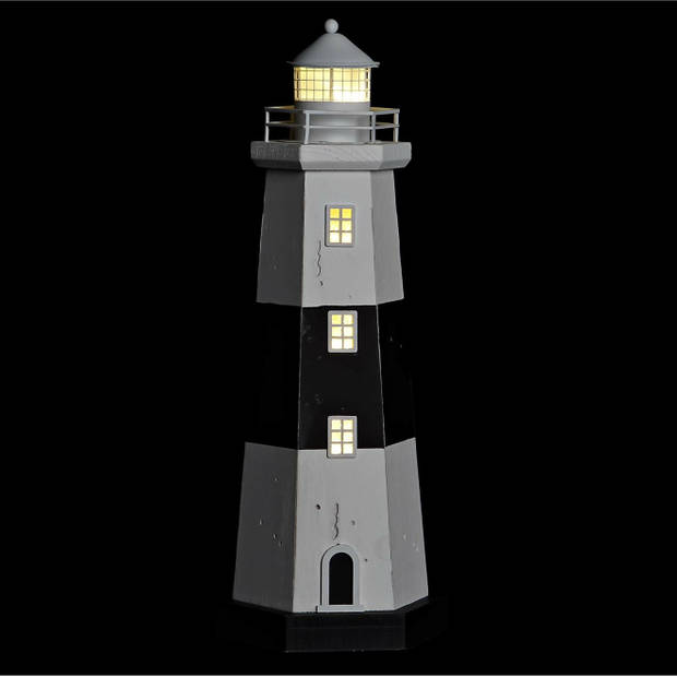 Items Decoratie Maritiem beeldje Vuurtoren met LED lampje - Hout - 16 x 42 cm - wit/zwart - Beeldjes