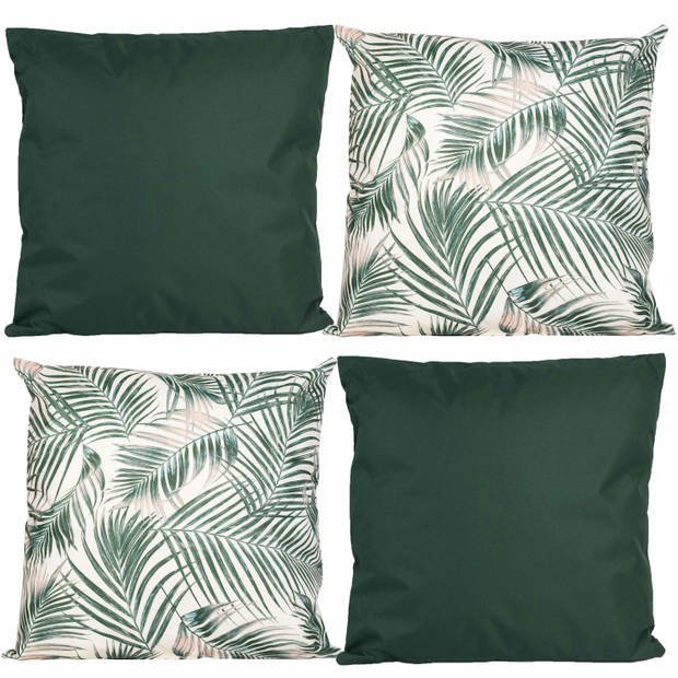 Bank/tuin kussens set - voor binnen/buiten - 4x stuks - groen/palm print - 45 x 45 cm - Sierkussens